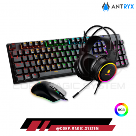 KIT TECLADO MECANICO, AUDIFONOS Y MOUSE ANTRYX GC-3100 X3 BLACO SWITCH AZUL RGB