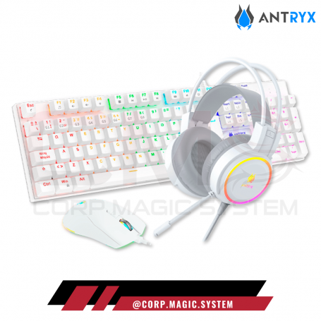 KIT TECLADO MECANICO, AUDIFONOS Y MOUSE ANTRYX GC-3100 X3 WITHE/BLANCO SWITCH AZUL RGB